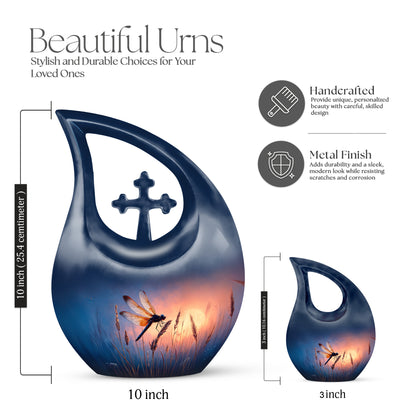 Navy Blue Dragonfly Cremation Urn back view with polished surface - sacred cross merged with dragonfly motif on metal - mini keepsake memorial for portion of cremation ashes