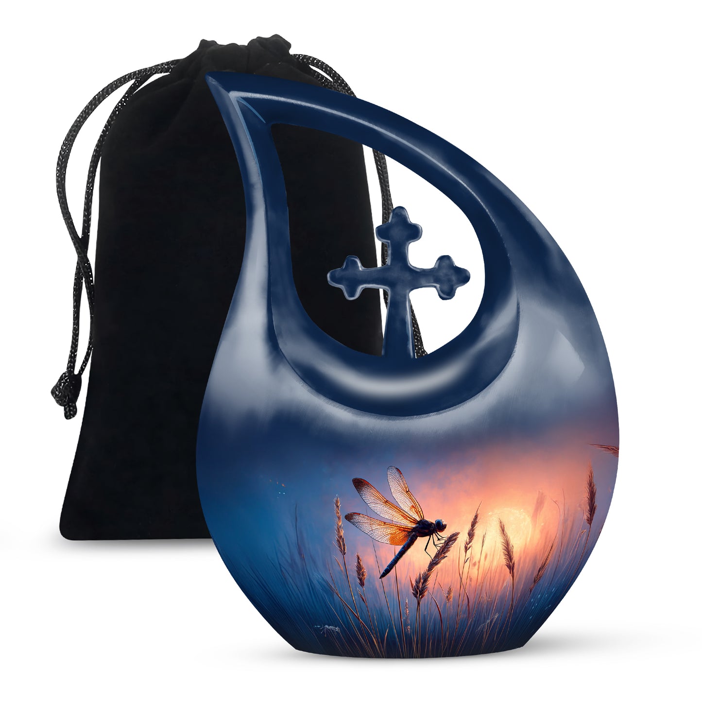 Pastel Blue Dragonfly Cremation Urn top-down view of secure threaded lid - sacred cross merged with dragonfly motif on metal - full-size 10 inch 200 cubic inch adult cremation urn