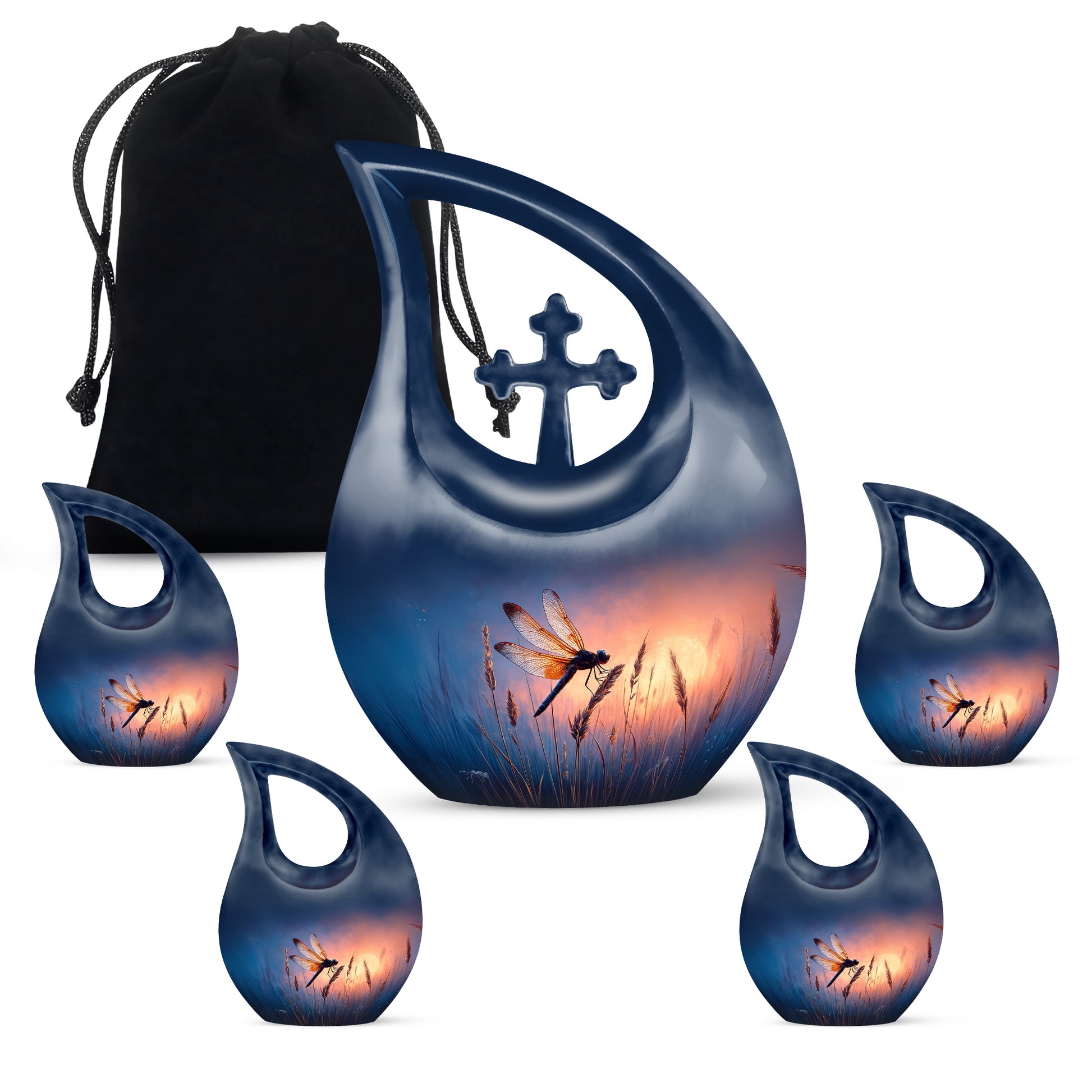 Cornflower Blue Dragonfly Cremation Urn urn with complimentary velvet bag - devotional cross-drop dragonfly engraving - memorial set with one large and four small urns