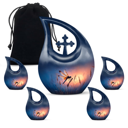 Cornflower Blue Dragonfly Cremation Urn urn with complimentary velvet bag - devotional cross-drop dragonfly engraving - memorial set with one large and four small urns