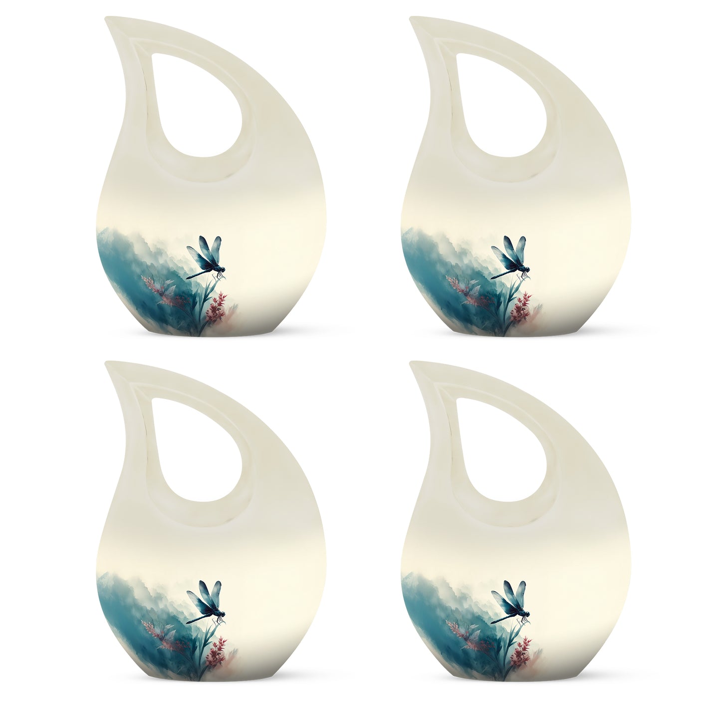Cream White Dragonfly Cremation Urn lifestyle display on memorial shelf - faith-inspired cross-drop urn with dragonfly pattern - 10 inch aluminum urn for cremated remains