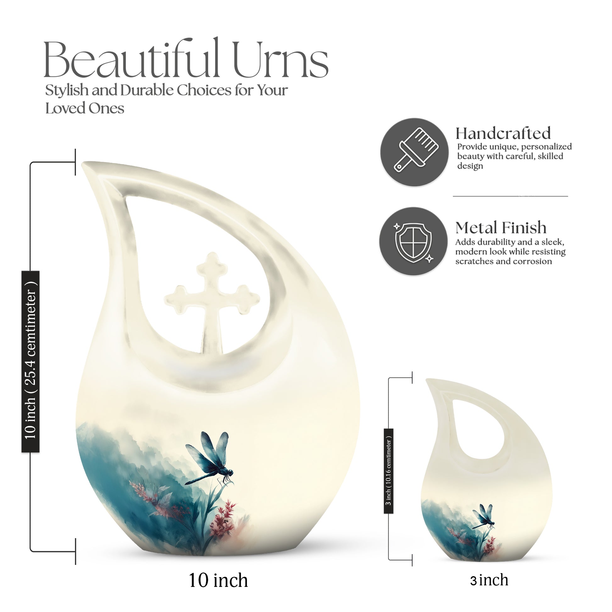 Ivory White Dragonfly Cremation Urn back view with polished surface - cross and dragonfly combined in spiritual memorial design - mini keepsake memorial for portion of cremation ashes