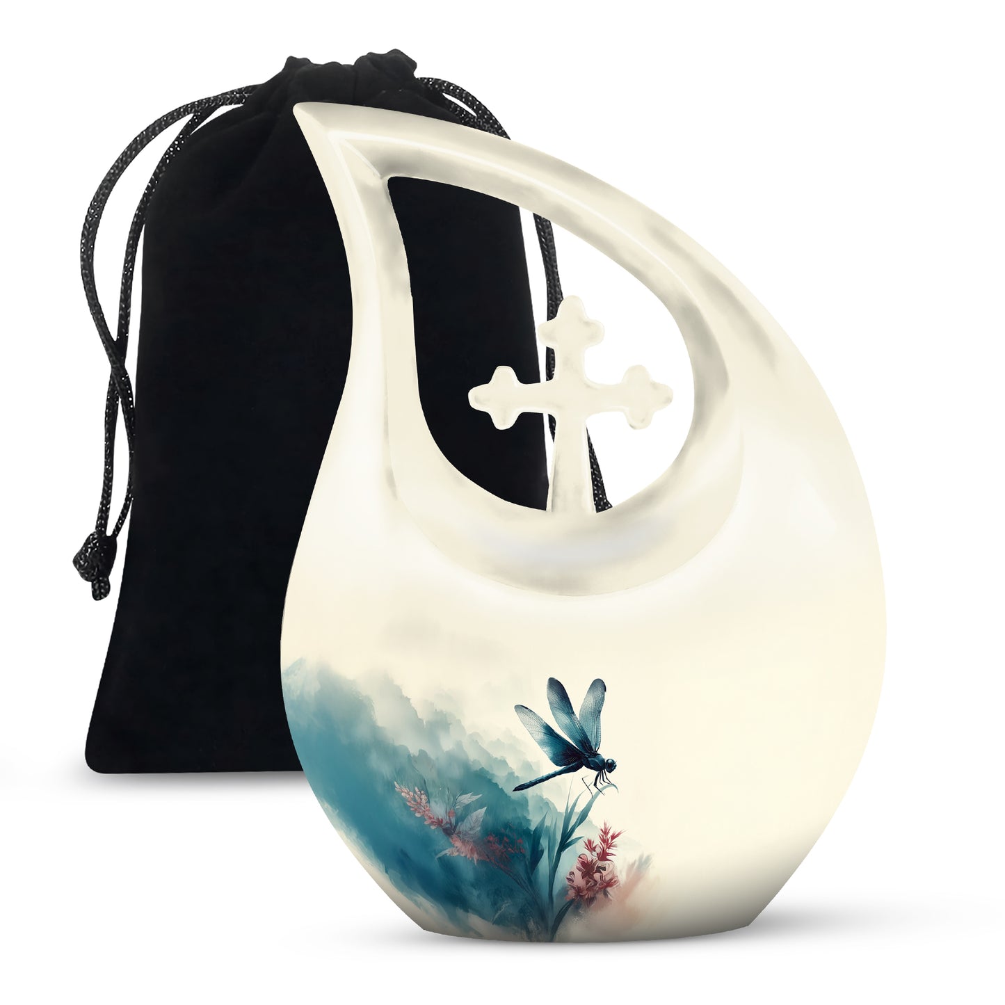 Cloud White Dragonfly Cremation Urn top-down view of secure threaded lid - faith-inspired cross-drop urn with dragonfly pattern - full-size 10 inch 200 cubic inch adult cremation urn