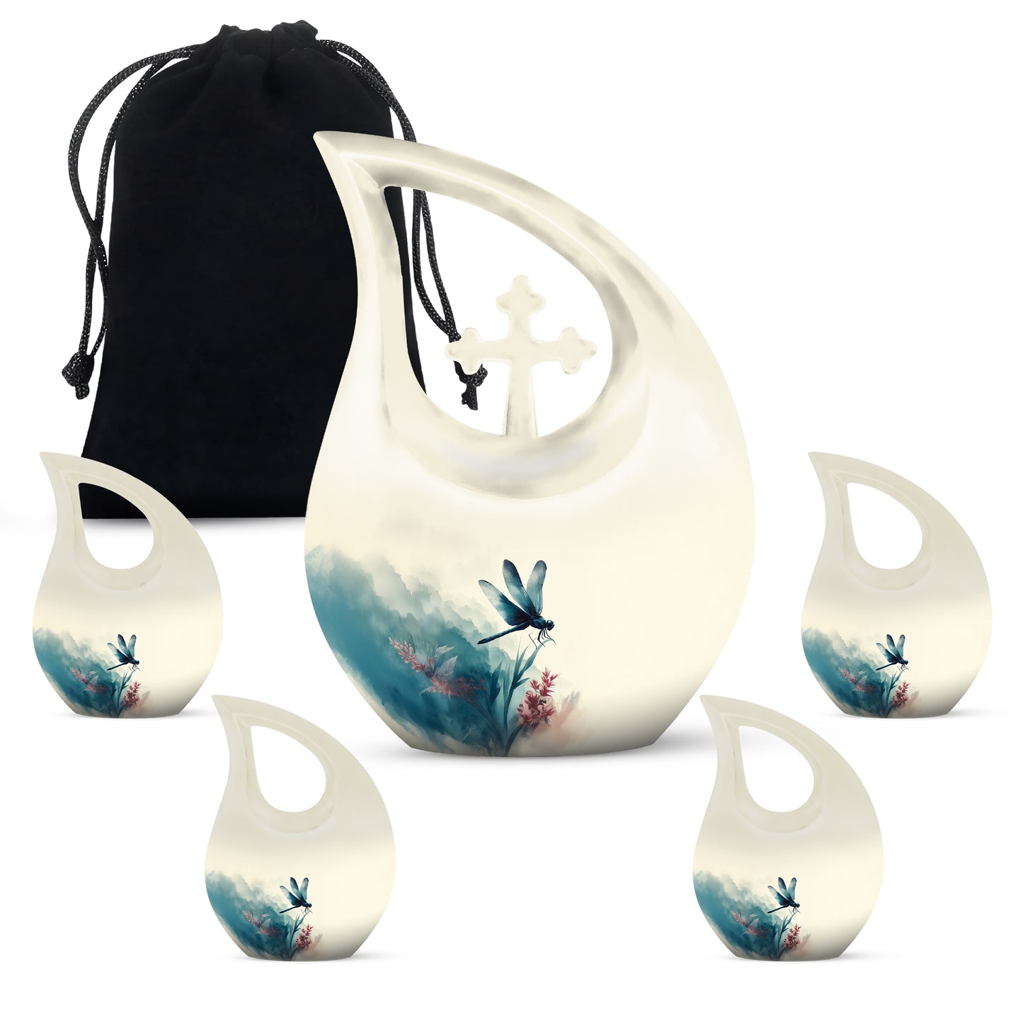 Cloud White Dragonfly Cremation Urn urn with complimentary velvet bag - devotional cross-drop dragonfly engraving - memorial set with one large and four small urns