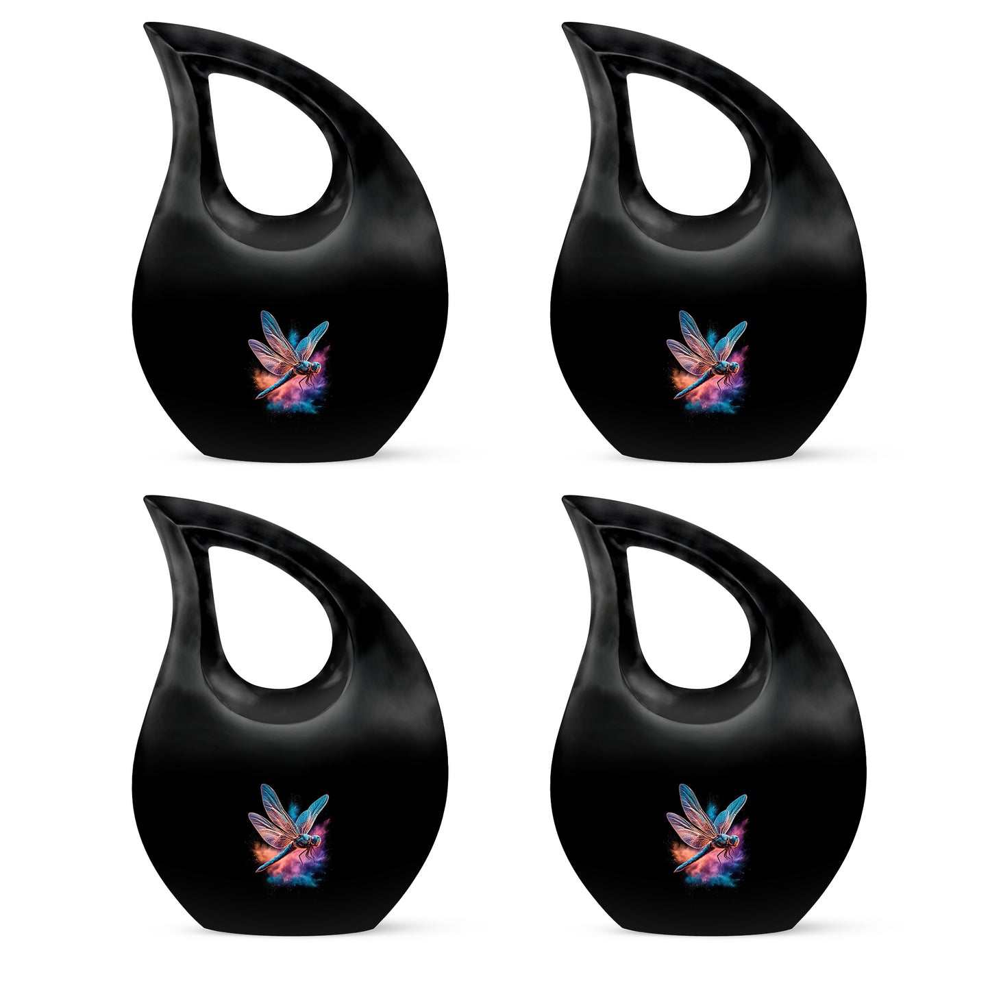 Jet Black Dragonfly Cremation Urn lifestyle display on memorial shelf - sacred cross merged with dragonfly motif on metal - 10 inch aluminum urn for cremated remains