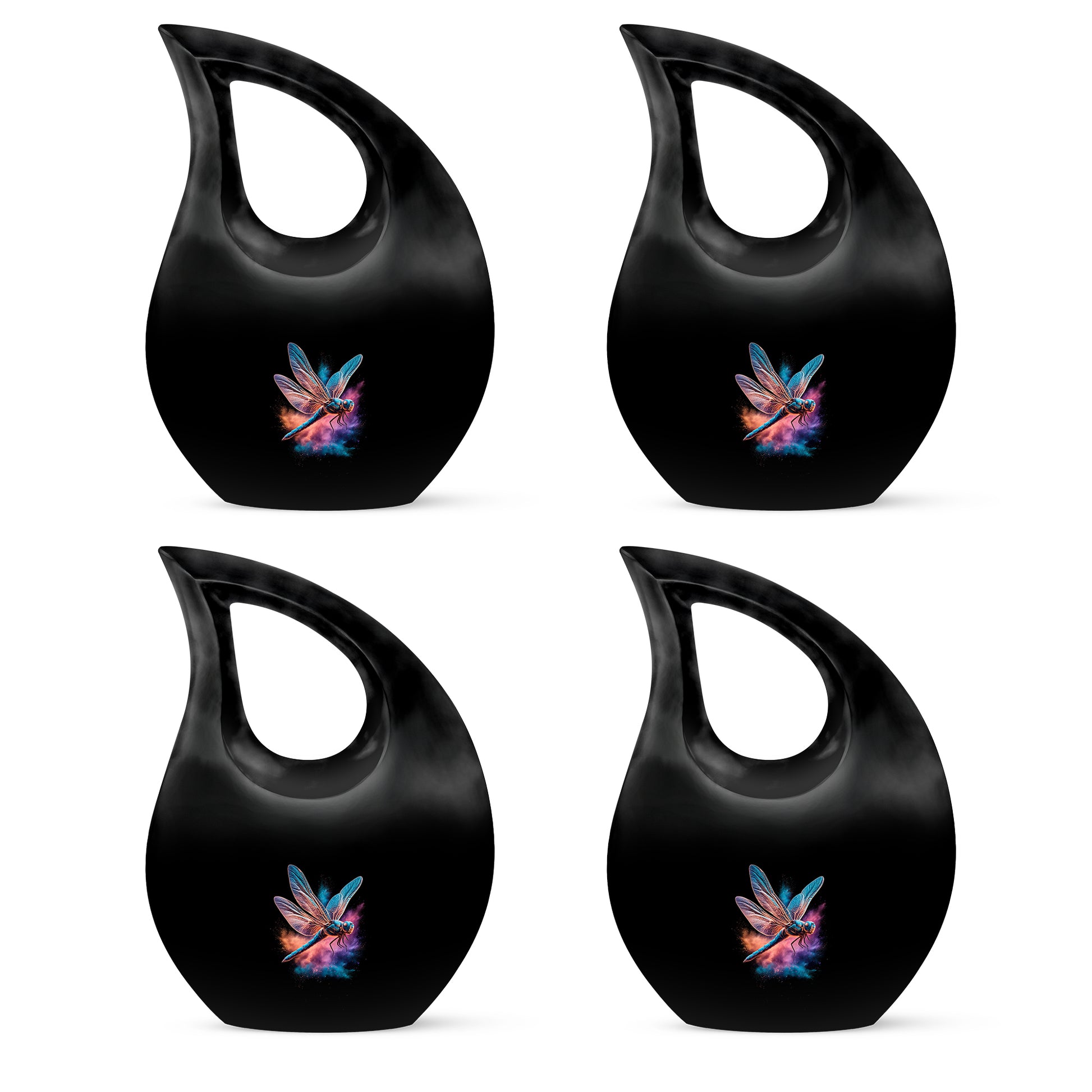 Jet Black Dragonfly Cremation Urn lifestyle display on memorial shelf - sacred cross merged with dragonfly motif on metal - 10 inch aluminum urn for cremated remains