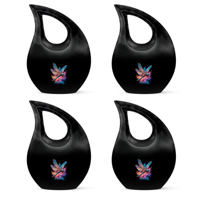 Jet Black Dragonfly Cremation Urn lifestyle display on memorial shelf - sacred cross merged with dragonfly motif on metal - 10 inch aluminum urn for cremated remains
