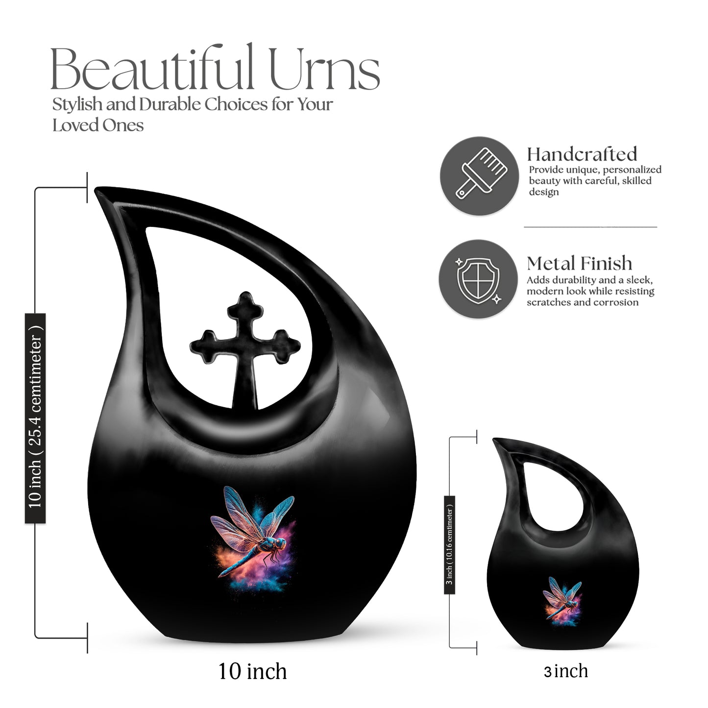 Obsidian Black Dragonfly Cremation Urn back view with polished surface - faith-inspired cross-drop urn with dragonfly pattern - mini keepsake memorial for portion of cremation ashes