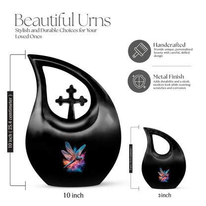 Obsidian Black Dragonfly Cremation Urn back view with polished surface - faith-inspired cross-drop urn with dragonfly pattern - mini keepsake memorial for portion of cremation ashes