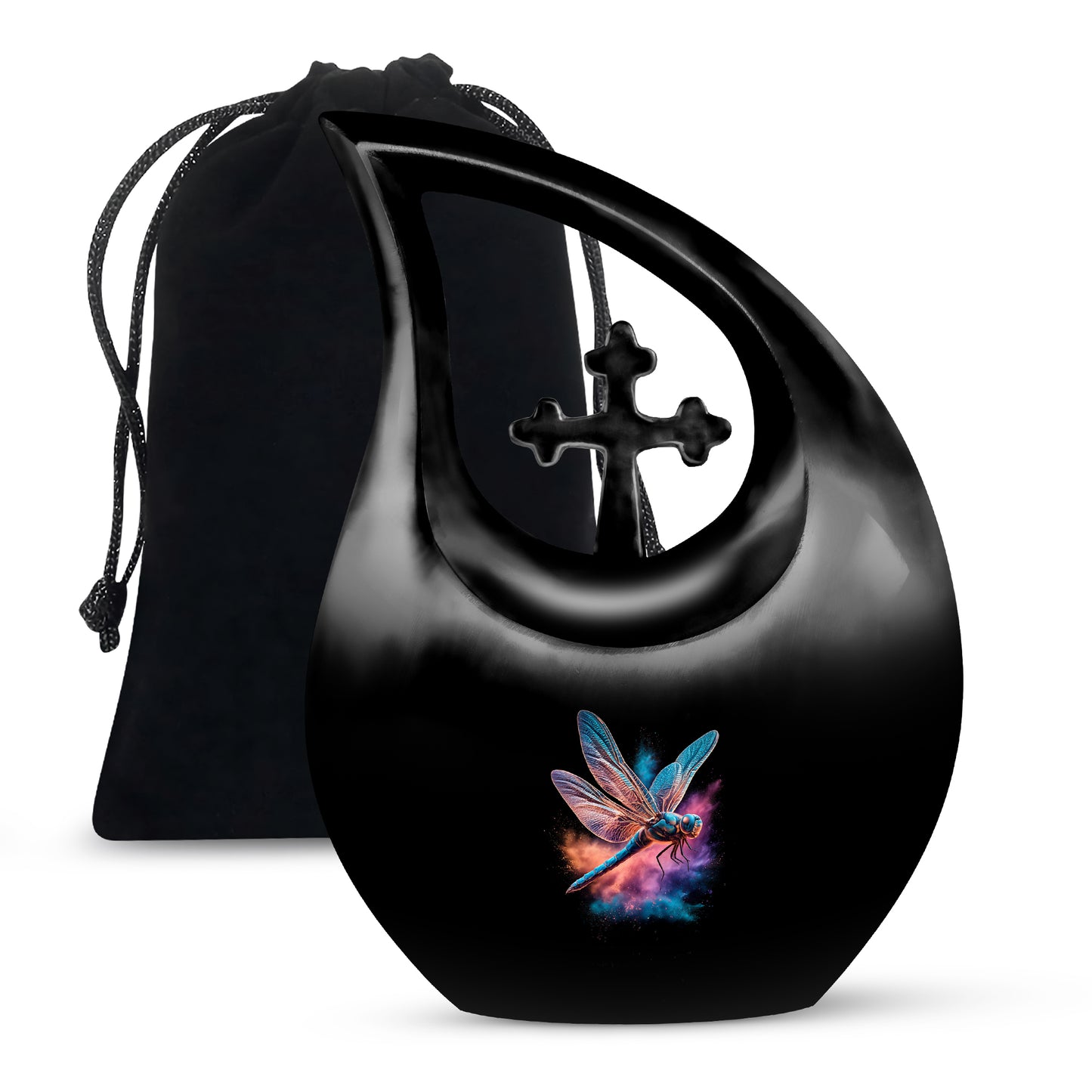 Glossy Black Dragonfly Cremation Urn top-down view of secure threaded lid - sacred cross merged with dragonfly motif on metal - full-size 10 inch 200 cubic inch adult cremation urn