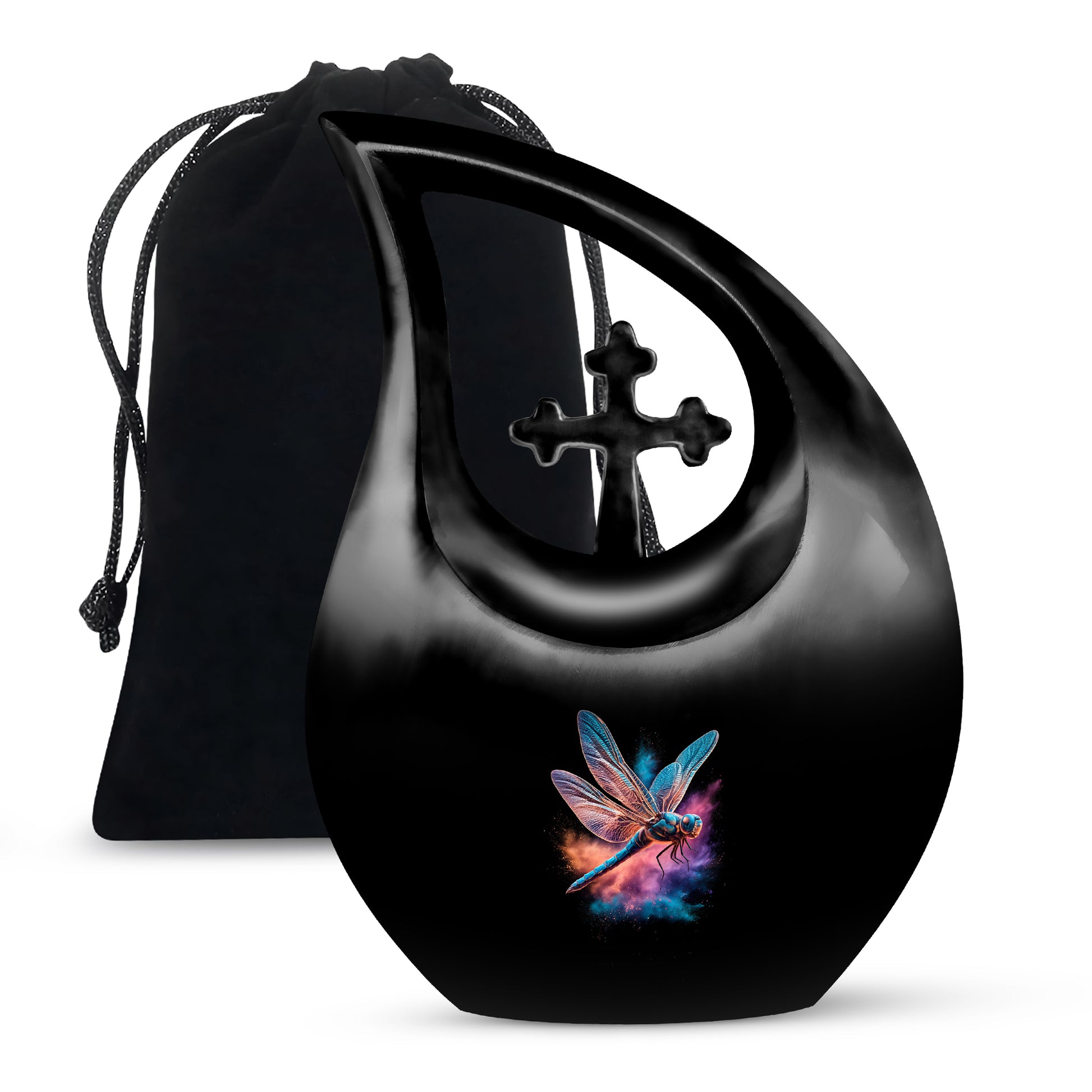 Glossy Black Dragonfly Cremation Urn top-down view of secure threaded lid - sacred cross merged with dragonfly motif on metal - full-size 10 inch 200 cubic inch adult cremation urn