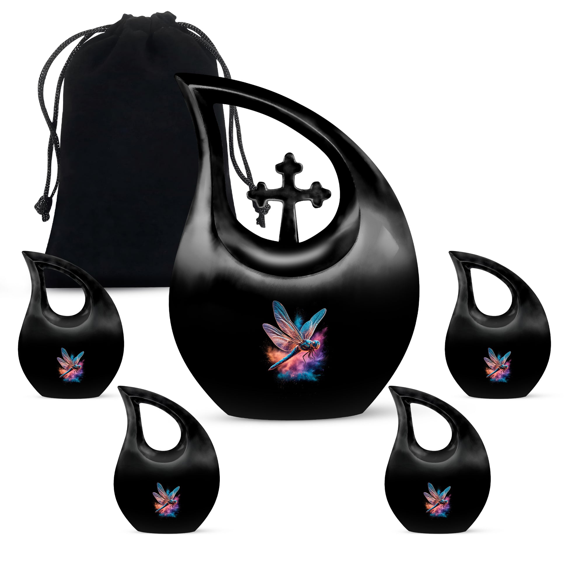 Midnight Black Dragonfly Cremation Urn urn with complimentary velvet bag - faith-inspired cross-drop urn with dragonfly pattern - memorial set with one large and four small urns