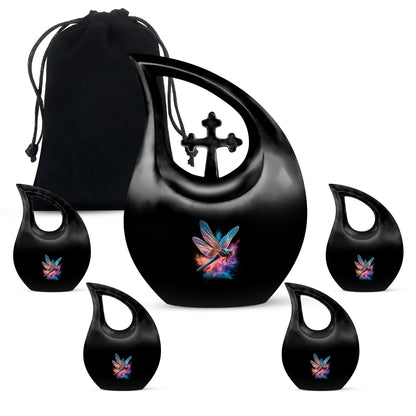 Midnight Black Dragonfly Cremation Urn urn with complimentary velvet bag - faith-inspired cross-drop urn with dragonfly pattern - memorial set with one large and four small urns