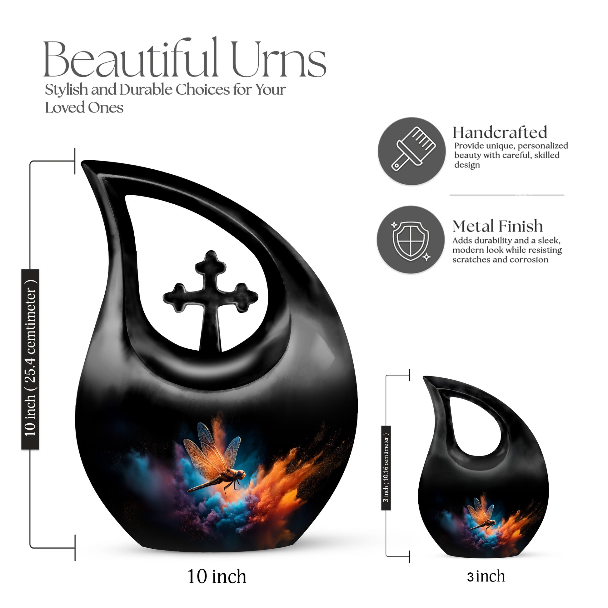 Ebony Dragonfly Cremation Urn back view with polished surface - cross and dragonfly combined in spiritual memorial design - mini keepsake memorial for portion of cremation ashes