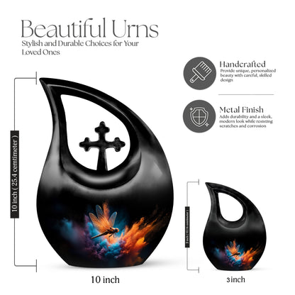 Ebony Dragonfly Cremation Urn back view with polished surface - cross and dragonfly combined in spiritual memorial design - mini keepsake memorial for portion of cremation ashes
