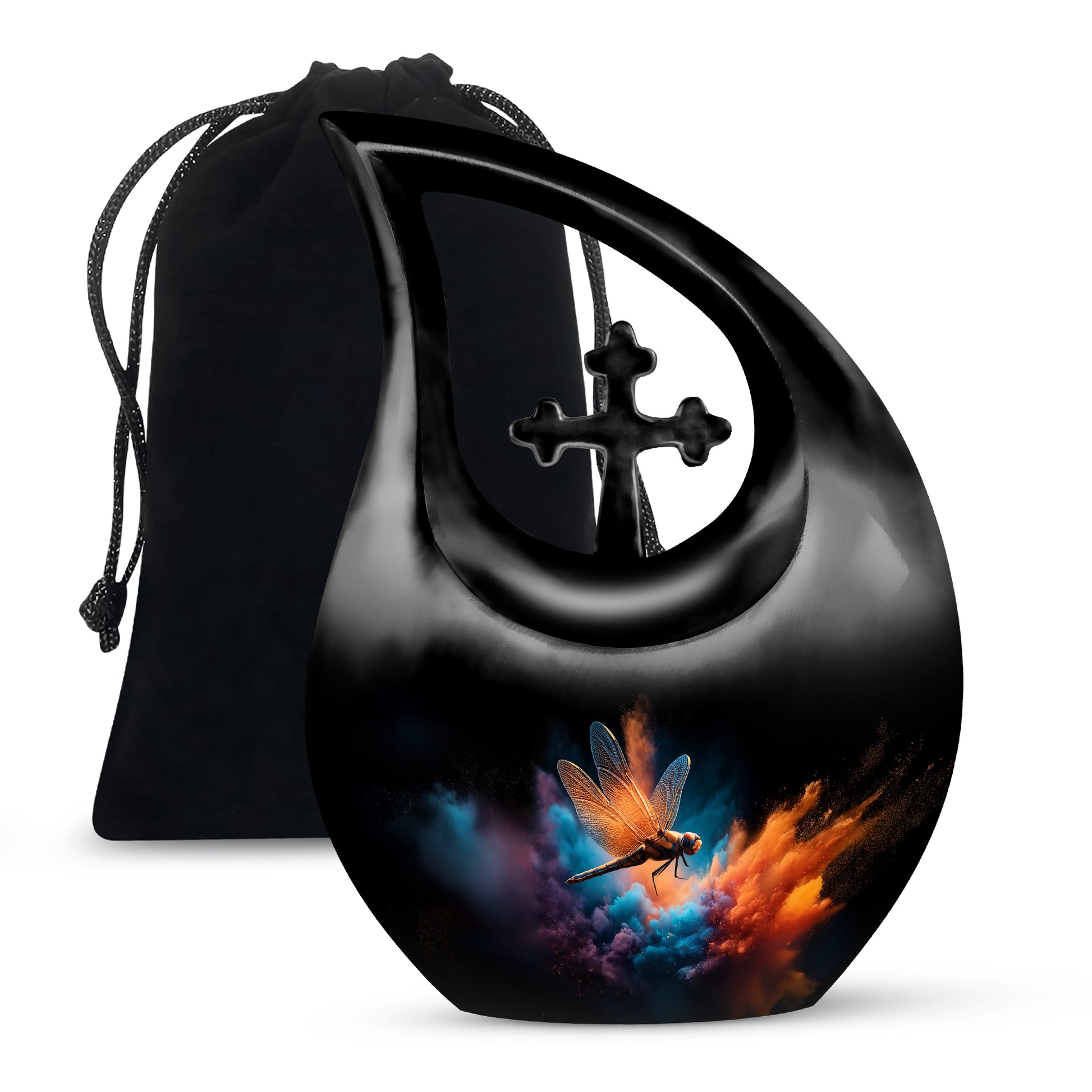 Deep Black Dragonfly Cremation Urn top-down view of secure threaded lid - cross and dragonfly combined in spiritual memorial design - full-size 10 inch 200 cubic inch adult cremation urn