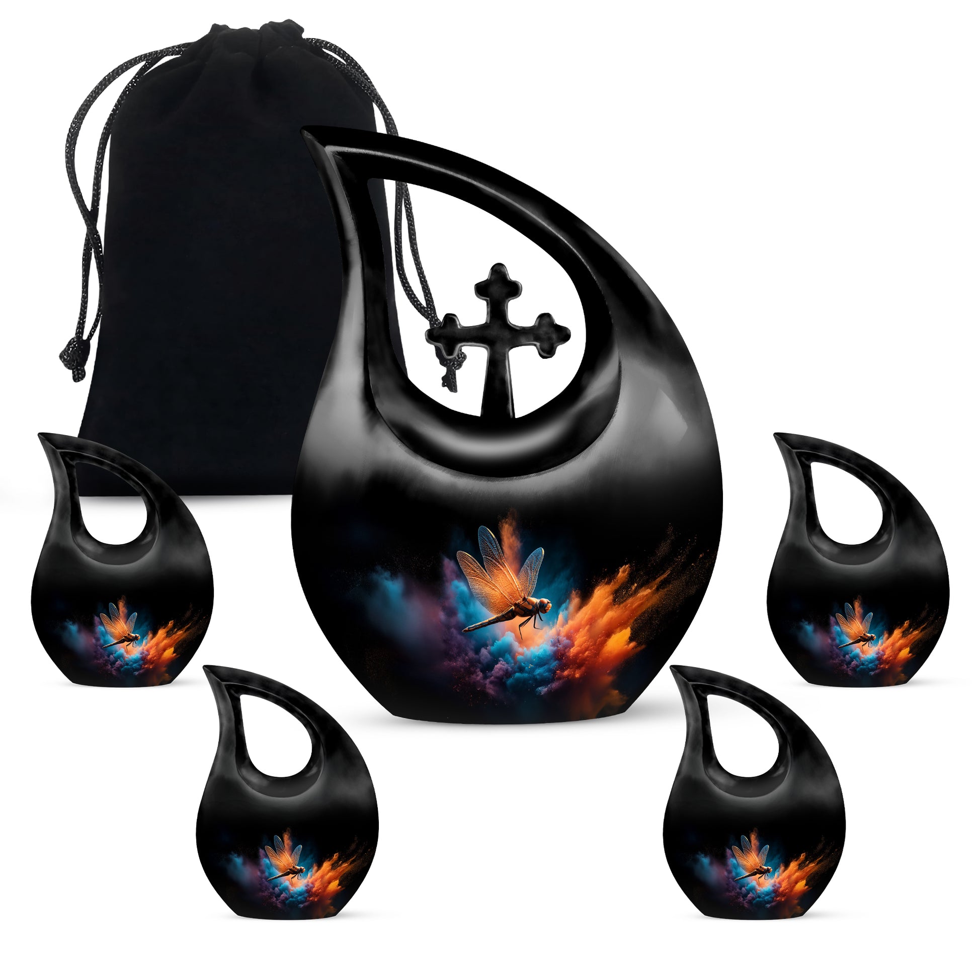 Onyx Black Dragonfly Cremation Urn urn with complimentary velvet bag - faith-inspired cross-drop urn with dragonfly pattern - memorial set with one large and four small urns
