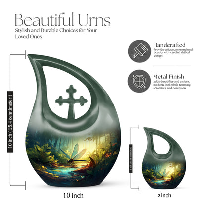 Aqua Teal Dragonfly Cremation Urn back view with polished surface - faith-inspired cross-drop urn with dragonfly pattern - mini keepsake memorial for portion of cremation ashes