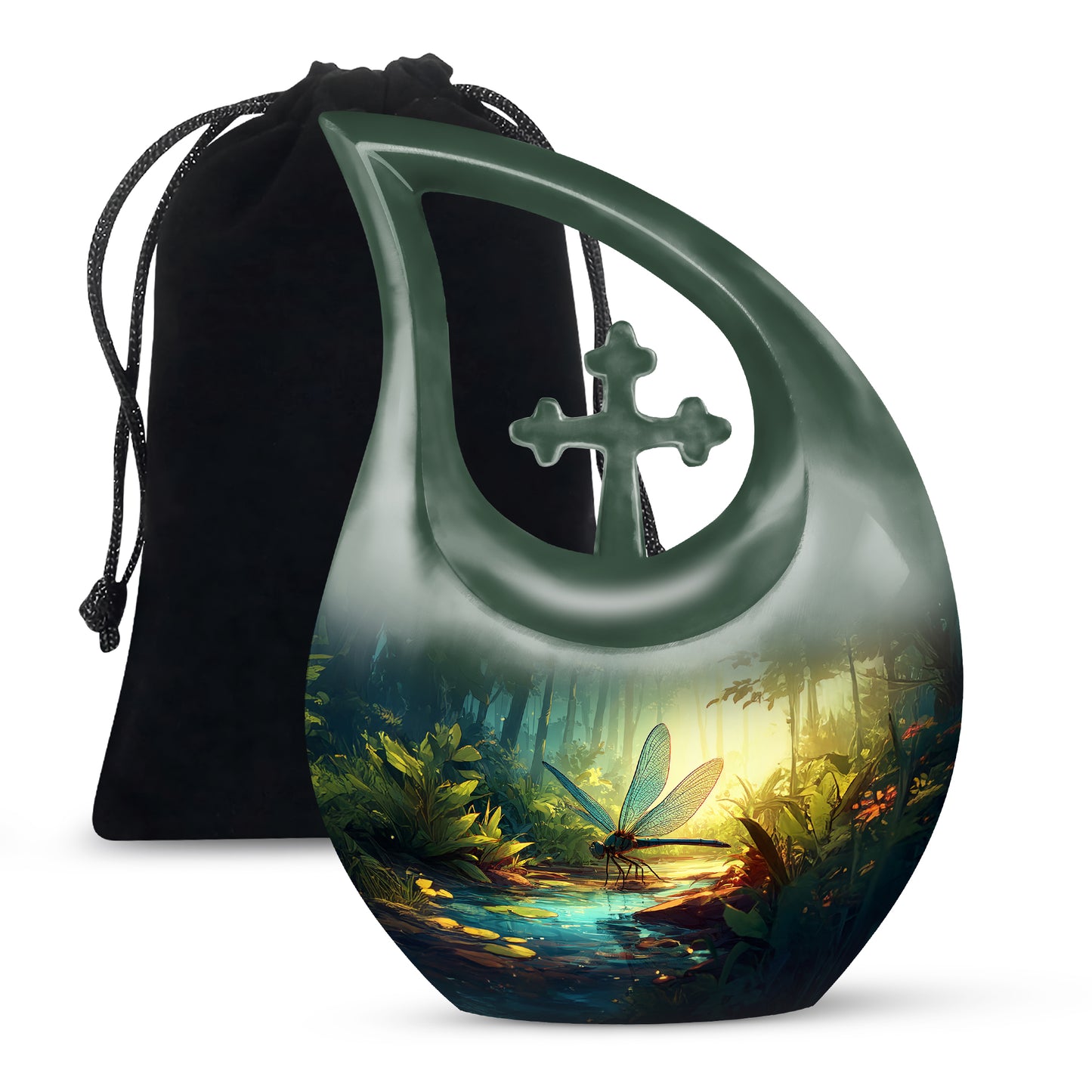 Deep Teal Dragonfly Cremation Urn top-down view of secure threaded lid - devotional cross-drop dragonfly engraving - full-size 10 inch 200 cubic inch adult cremation urn