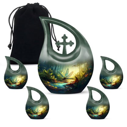 Aqua Teal Dragonfly Cremation Urn urn with complimentary velvet bag - devotional cross-drop dragonfly engraving - memorial set with one large and four small urns
