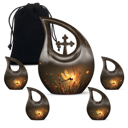 Amber Gold Dragonfly Cremation Urn urn with complimentary velvet bag - sacred cross merged with dragonfly motif on metal - memorial set with one large and four small urns