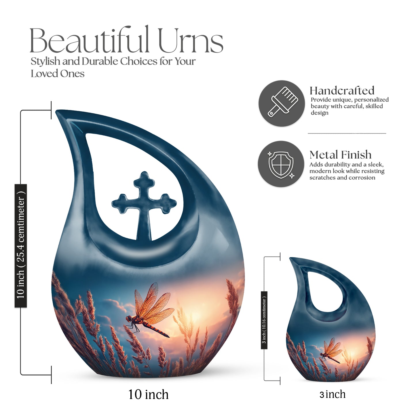 Celestial Blue Dragonfly Cremation Urn back view with polished surface - cross and dragonfly combined in spiritual memorial design - mini keepsake memorial for portion of cremation ashes