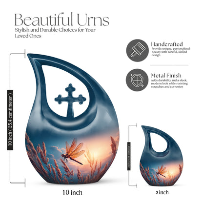 Celestial Blue Dragonfly Cremation Urn back view with polished surface - cross and dragonfly combined in spiritual memorial design - mini keepsake memorial for portion of cremation ashes