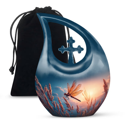 Powder Blue Dragonfly Cremation Urn top-down view of secure threaded lid - cross and dragonfly combined in spiritual memorial design - full-size 10 inch 200 cubic inch adult cremation urn