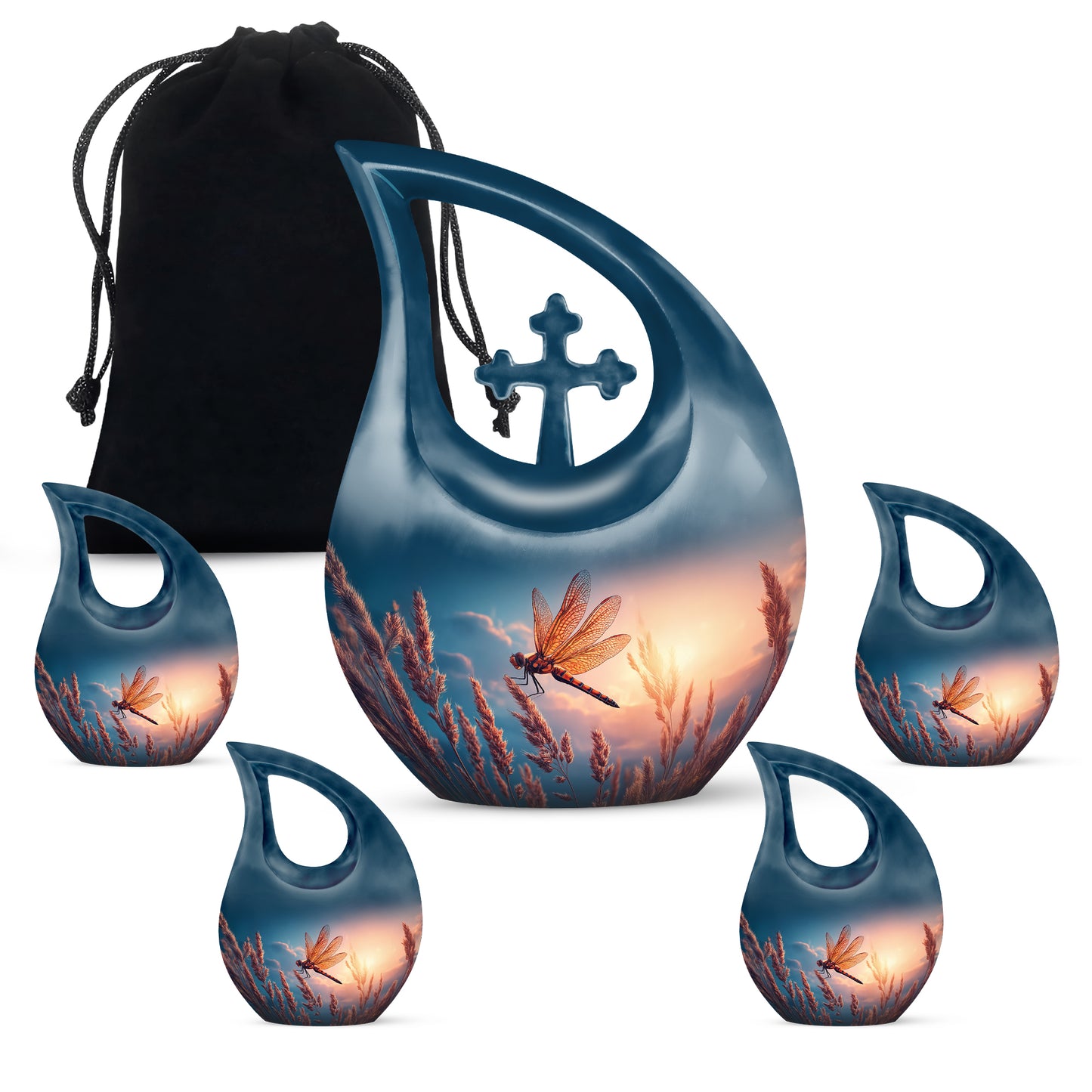 Serene Blue Dragonfly Cremation Urn urn with complimentary velvet bag - devotional cross-drop dragonfly engraving - memorial set with one large and four small urns