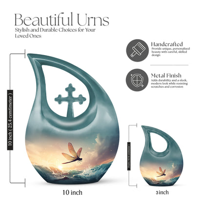 Pewter Gray Dragonfly Cremation Urn back view with polished surface - sacred cross merged with dragonfly motif on metal - mini keepsake memorial for portion of cremation ashes