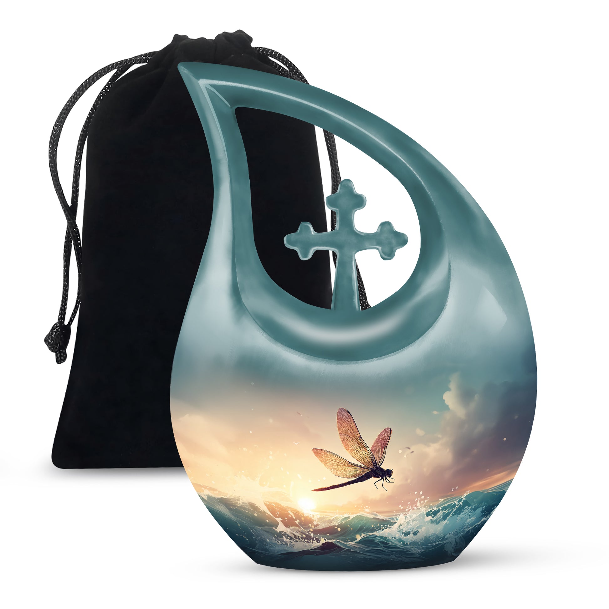 Mist Gray Dragonfly Cremation Urn top-down view of secure threaded lid - sacred cross merged with dragonfly motif on metal - full-size 10 inch 200 cubic inch adult cremation urn