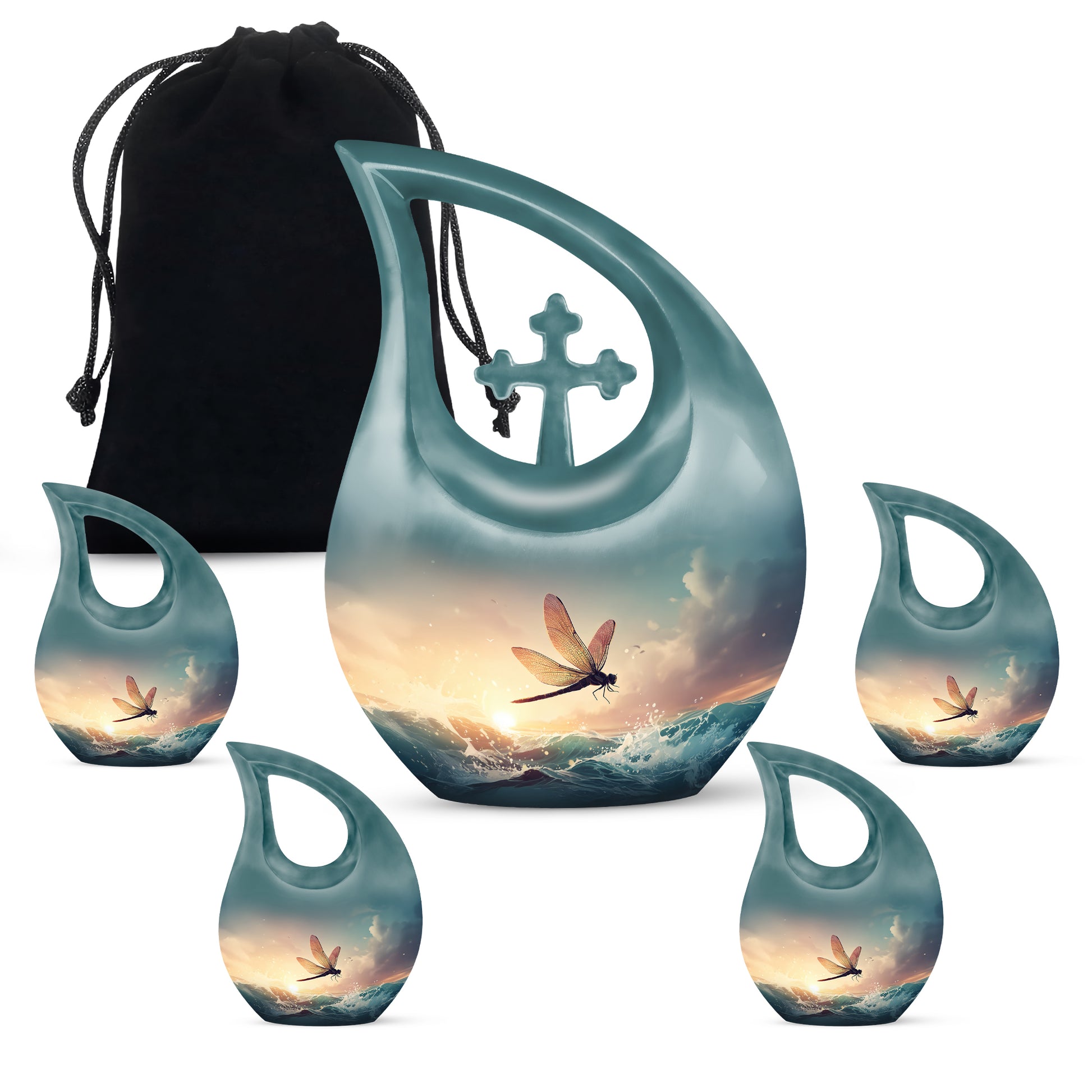 Smoke Gray Dragonfly Cremation Urn urn with complimentary velvet bag - faith-inspired cross-drop urn with dragonfly pattern - memorial set with one large and four small urns