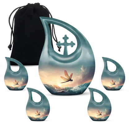 Smoke Gray Dragonfly Cremation Urn urn with complimentary velvet bag - faith-inspired cross-drop urn with dragonfly pattern - memorial set with one large and four small urns