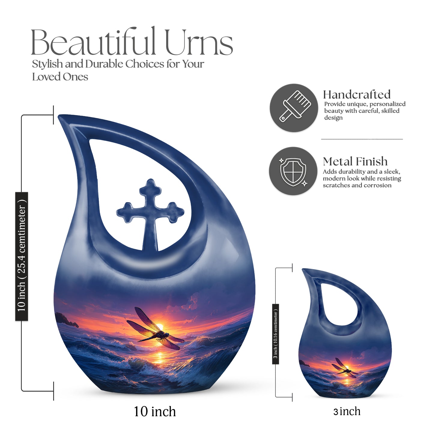Soft Blue Dragonfly Cremation Urn back view with polished surface - devotional cross-drop dragonfly engraving - mini keepsake memorial for portion of cremation ashes