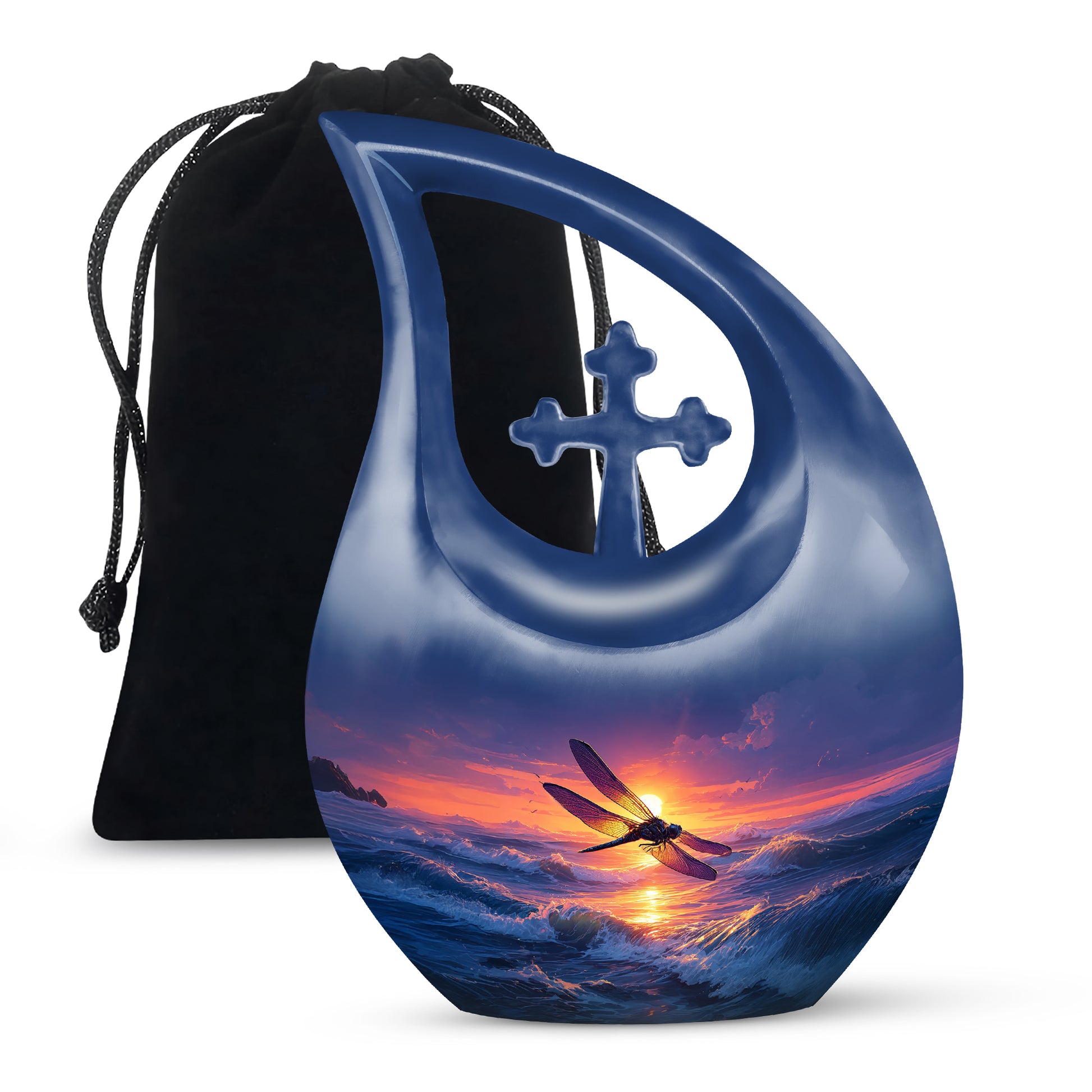 Dusty Blue Dragonfly Cremation Urn top-down view of secure threaded lid - cross and dragonfly combined in spiritual memorial design - full-size 10 inch 200 cubic inch adult cremation urn