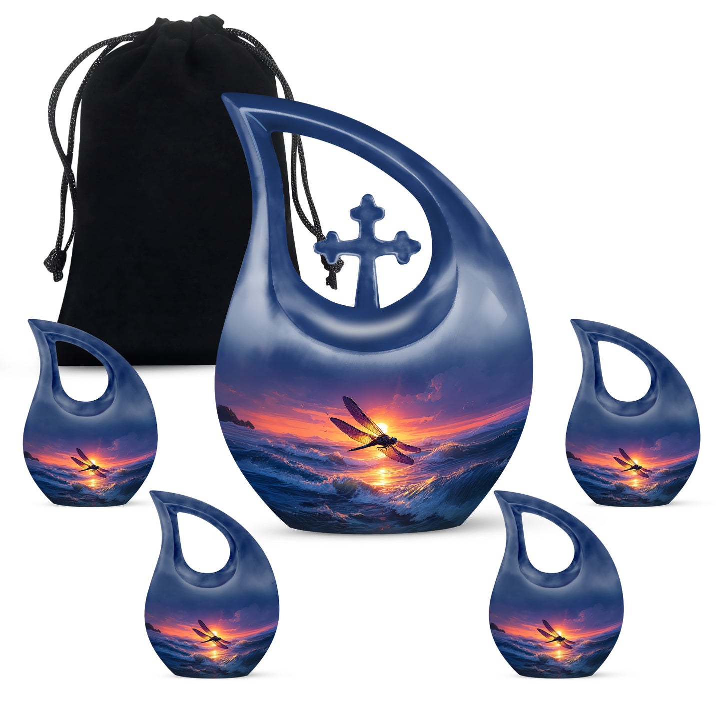 Celestial Blue Dragonfly Cremation Urn urn with complimentary velvet bag - sacred cross merged with dragonfly motif on metal - memorial set with one large and four small urns