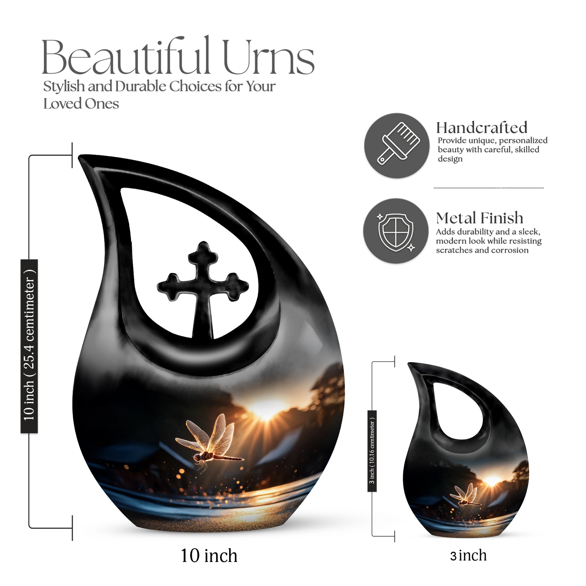 Deep Black Dragonfly Cremation Urn back view with polished surface - sacred cross merged with dragonfly motif on metal - mini keepsake memorial for portion of cremation ashes