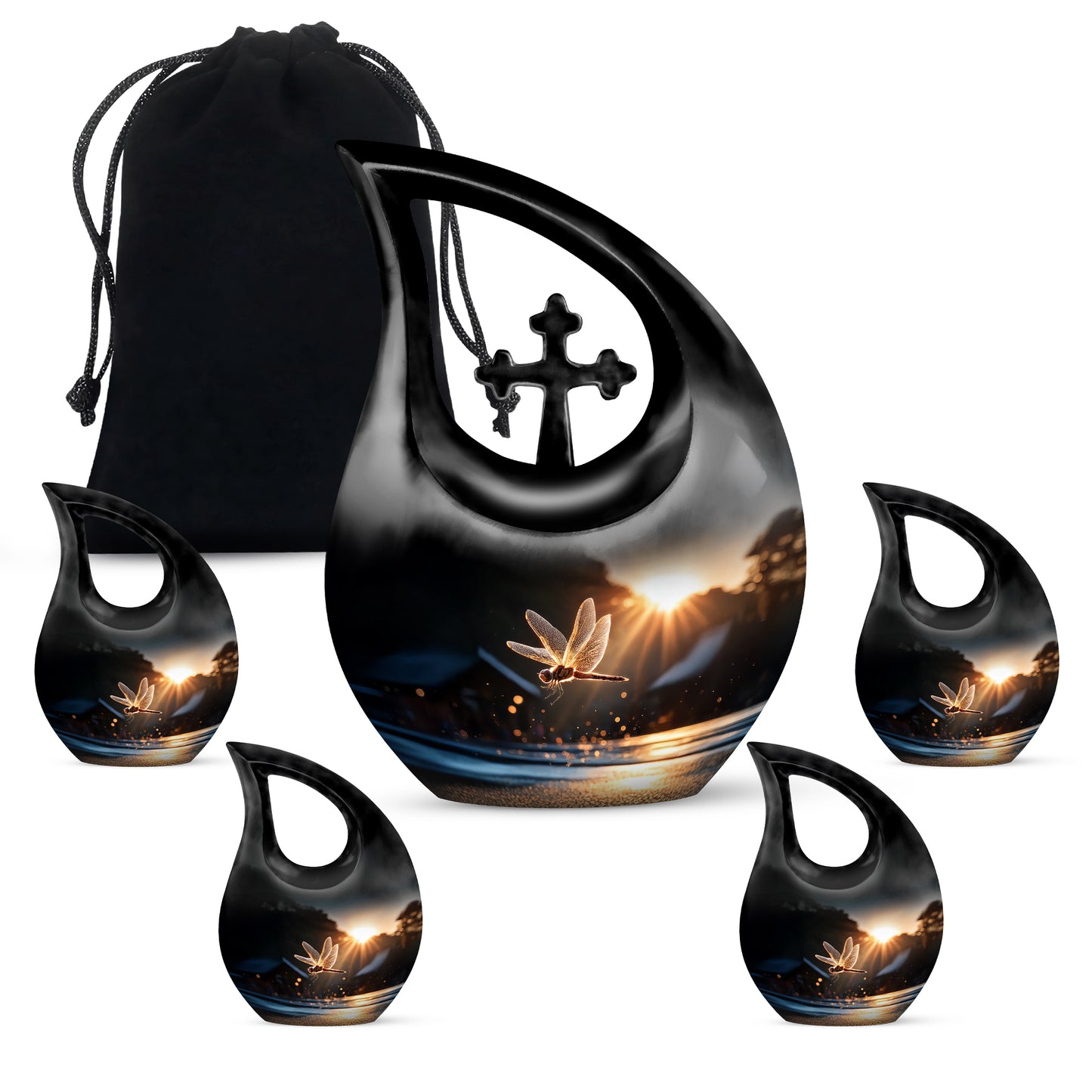 Onyx Black Dragonfly Cremation Urn urn with complimentary velvet bag - devotional cross-drop dragonfly engraving - memorial set with one large and four small urns