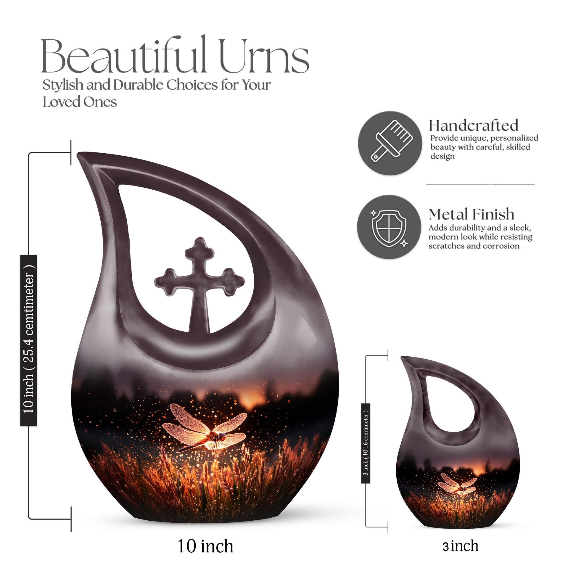 Blush Pink Dragonfly Cremation Urn back view with polished surface - cross and dragonfly combined in spiritual memorial design - mini keepsake memorial for portion of cremation ashes