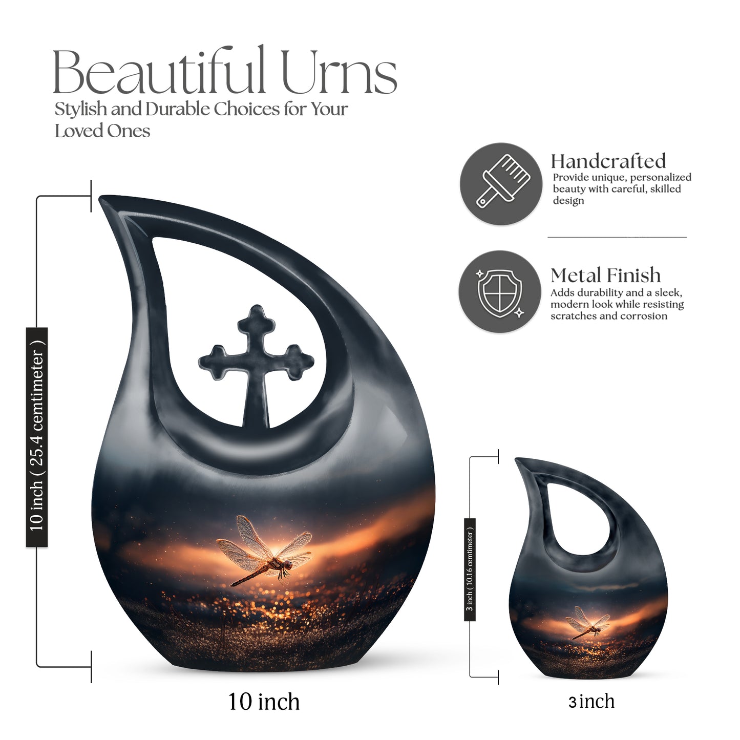 Twilight Blue Dragonfly Cremation Urn back view with polished surface - devotional cross-drop dragonfly engraving - mini keepsake memorial for portion of cremation ashes
