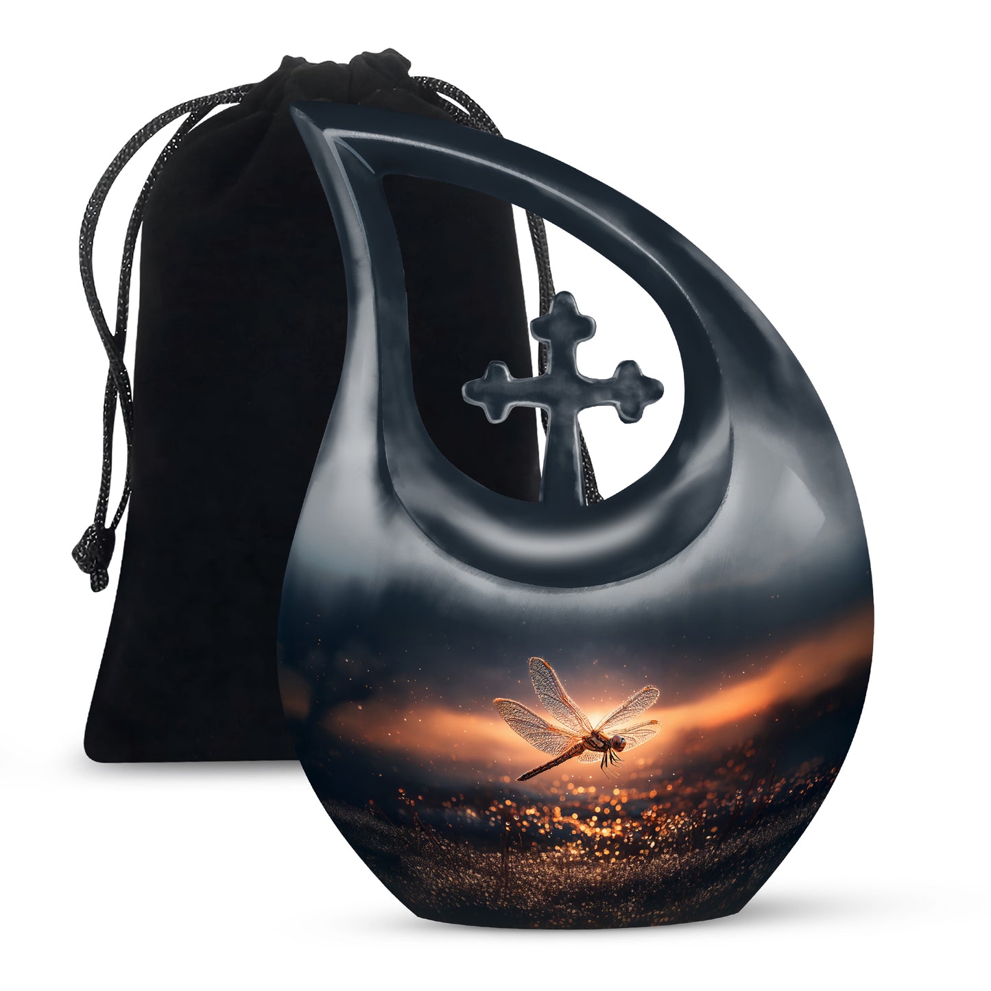 Navy Blue Dragonfly Cremation Urn top-down view of secure threaded lid - cross and dragonfly combined in spiritual memorial design - full-size 10 inch 200 cubic inch adult cremation urn