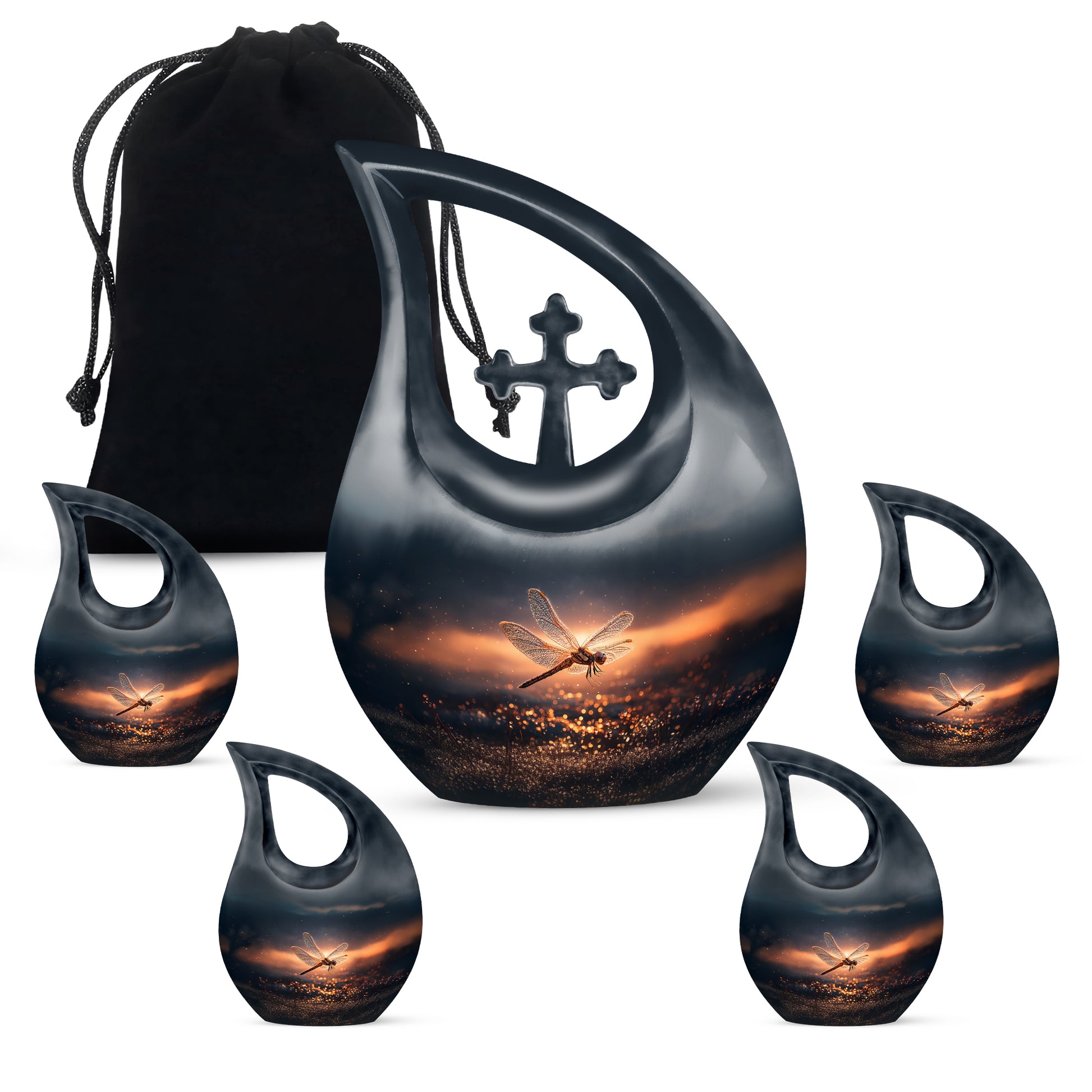 Sapphire Blue Dragonfly Cremation Urn urn with complimentary velvet bag - devotional cross-drop dragonfly engraving - memorial set with one large and four small urns