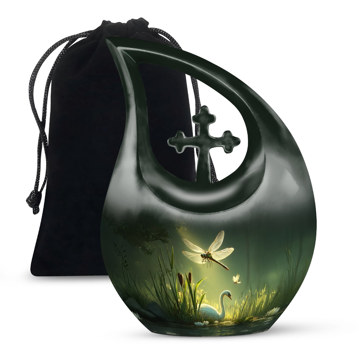 Emerald Green Dragonfly Cremation Urn top-down view of secure threaded lid - cross and dragonfly combined in spiritual memorial design - full-size 10 inch 200 cubic inch adult cremation urn