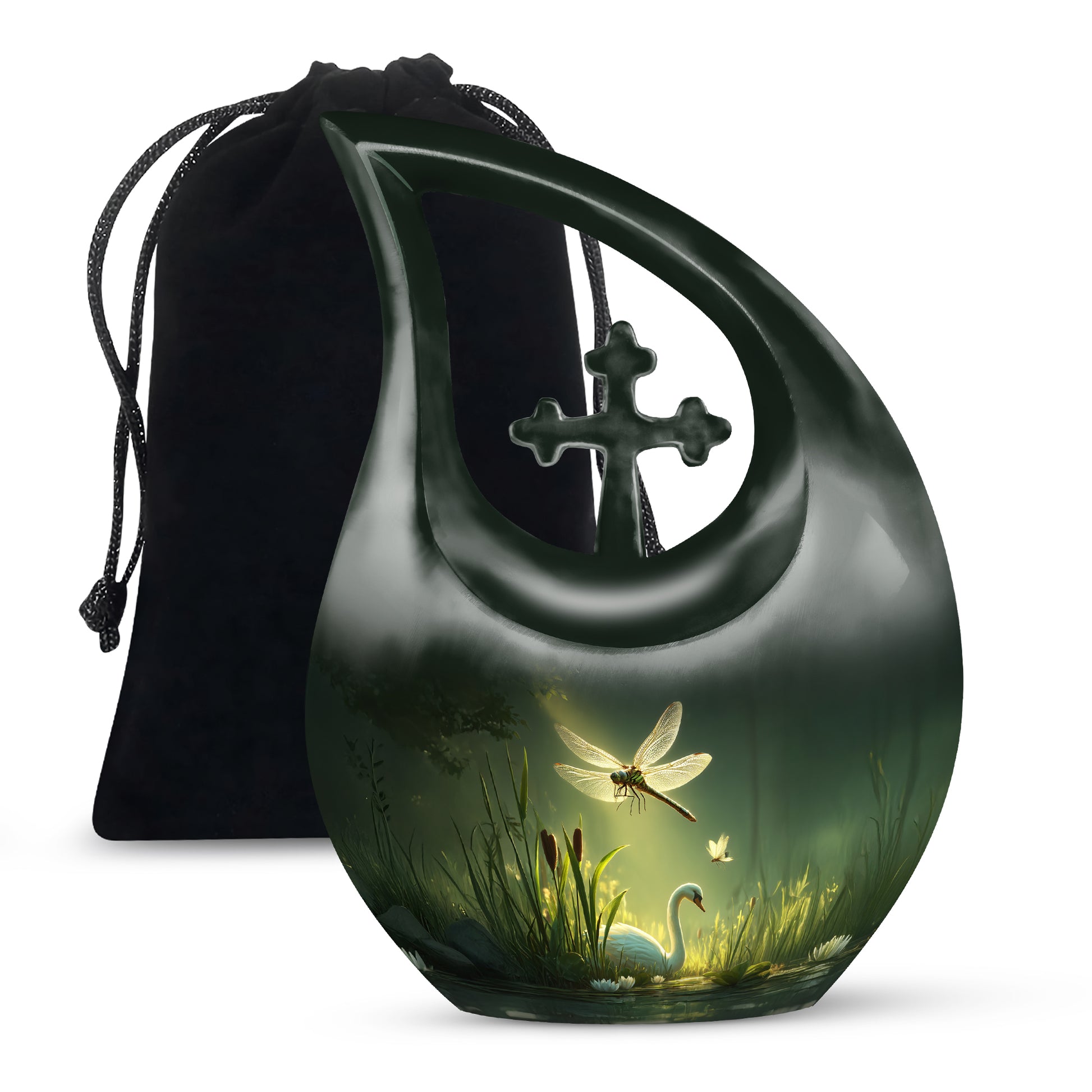 Emerald Green Dragonfly Cremation Urn top-down view of secure threaded lid - cross and dragonfly combined in spiritual memorial design - full-size 10 inch 200 cubic inch adult cremation urn
