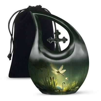Emerald Green Dragonfly Cremation Urn top-down view of secure threaded lid - cross and dragonfly combined in spiritual memorial design - full-size 10 inch 200 cubic inch adult cremation urn