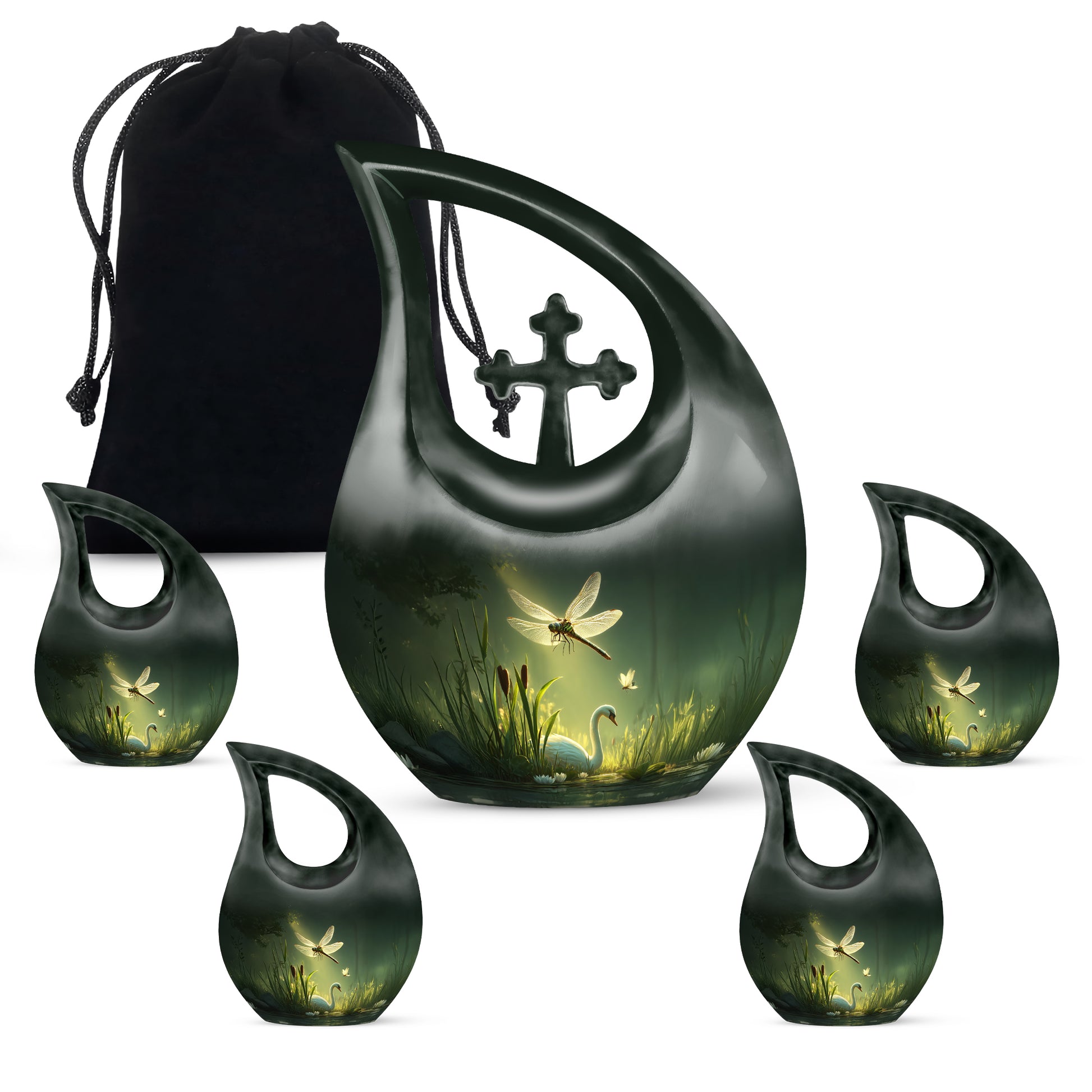 Olive Green Dragonfly Cremation Urn urn with complimentary velvet bag - faith-inspired cross-drop urn with dragonfly pattern - memorial set with one large and four small urns