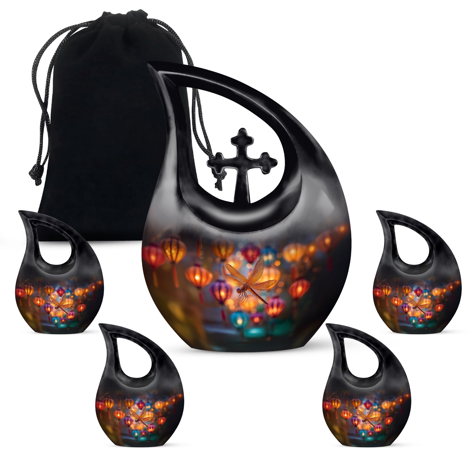 Slate Blue Dragonfly Cremation Urn urn with complimentary velvet bag - sacred cross merged with dragonfly motif on metal - memorial set with one large and four small urns