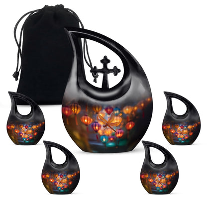 Slate Blue Dragonfly Cremation Urn urn with complimentary velvet bag - sacred cross merged with dragonfly motif on metal - memorial set with one large and four small urns