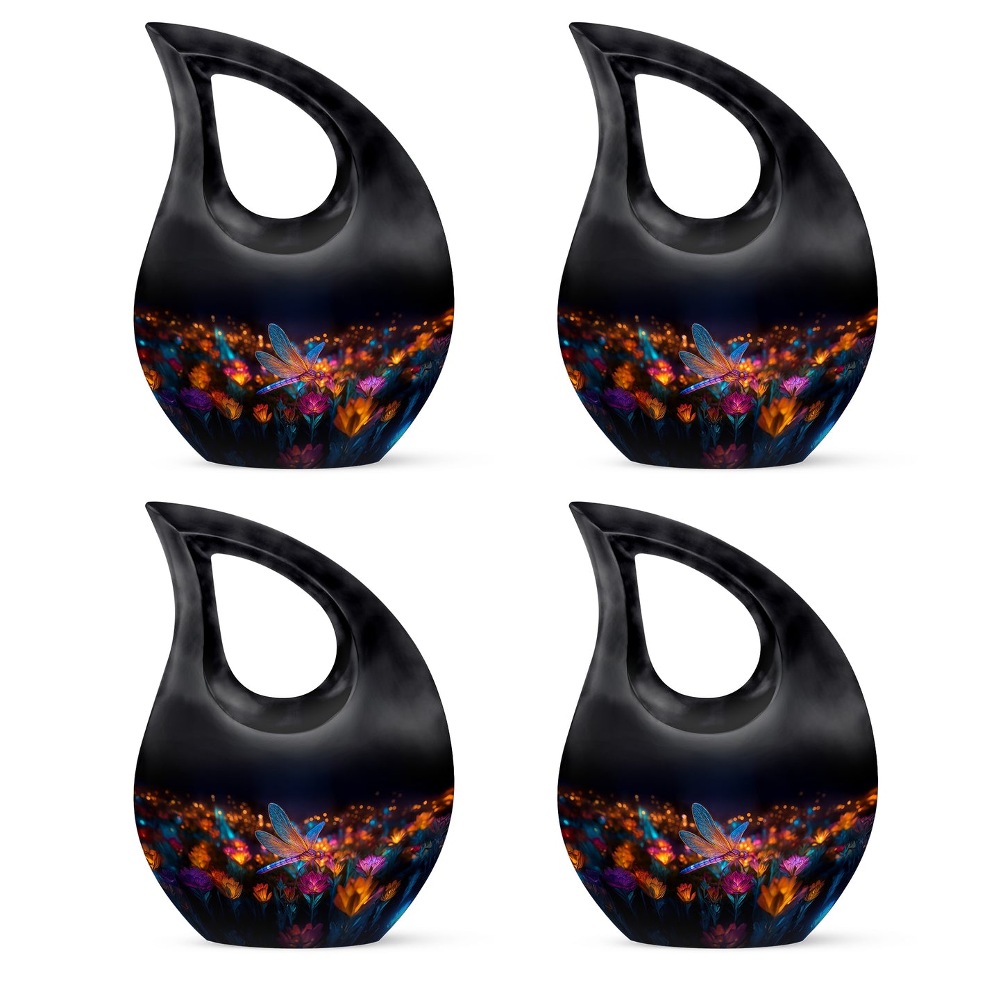 Midnight Black Dragonfly Cremation Urn lifestyle display on memorial shelf - faith-inspired cross-drop urn with dragonfly pattern - 10 inch aluminum urn for cremated remains