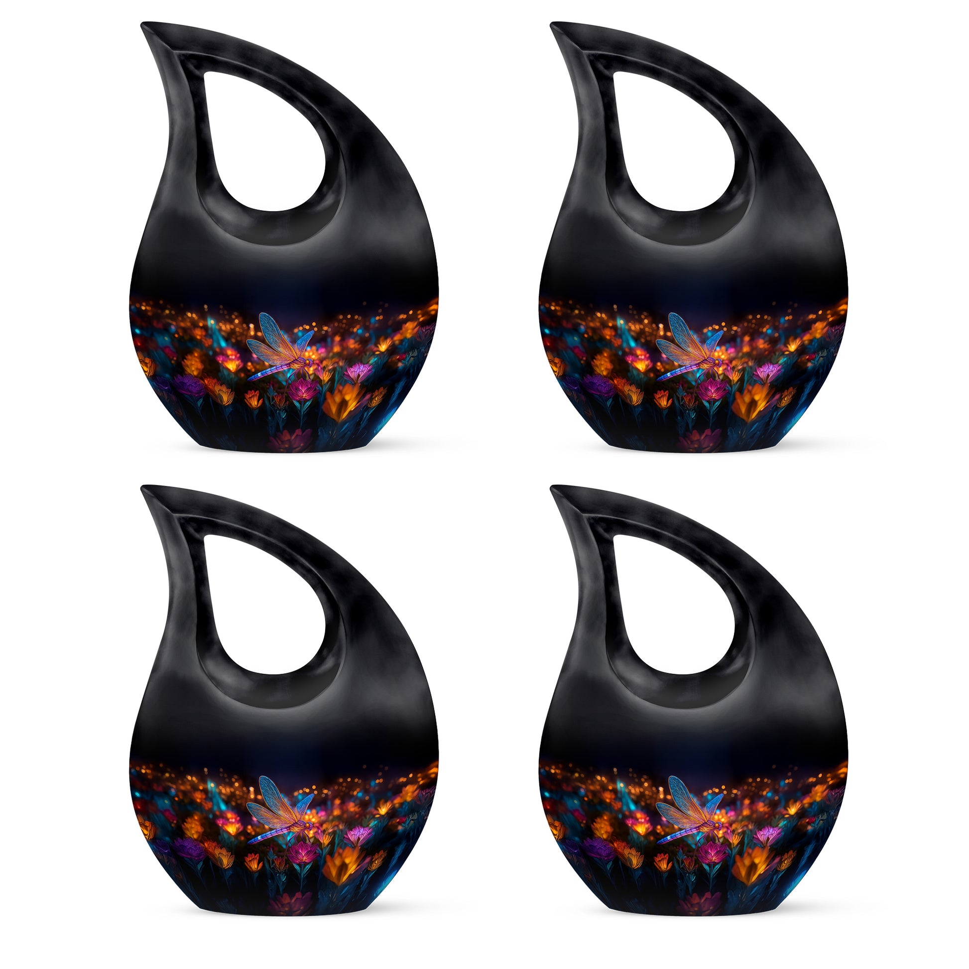 Midnight Black Dragonfly Cremation Urn lifestyle display on memorial shelf - faith-inspired cross-drop urn with dragonfly pattern - 10 inch aluminum urn for cremated remains